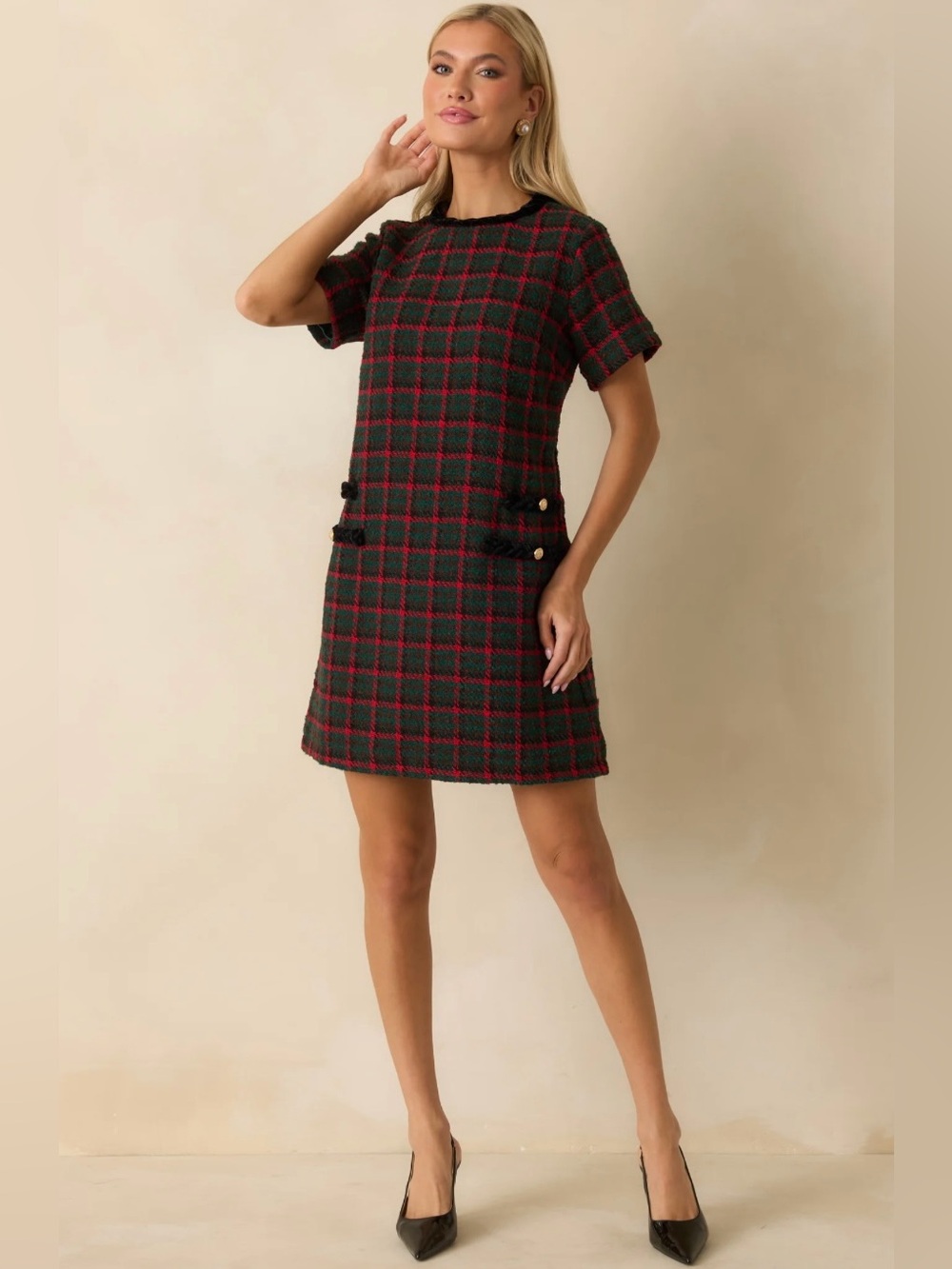 New Prosperina Portia Green Multi Plaid Tweed Shift Dress size XS